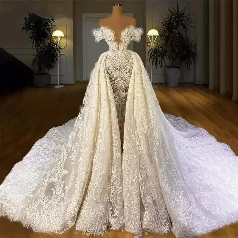 Customized Arabic Dubai Wedding Dresses Lace Floral Off Shoulder Princess Mermaid Bridal Gown With Detachable Train Abito Da Spo