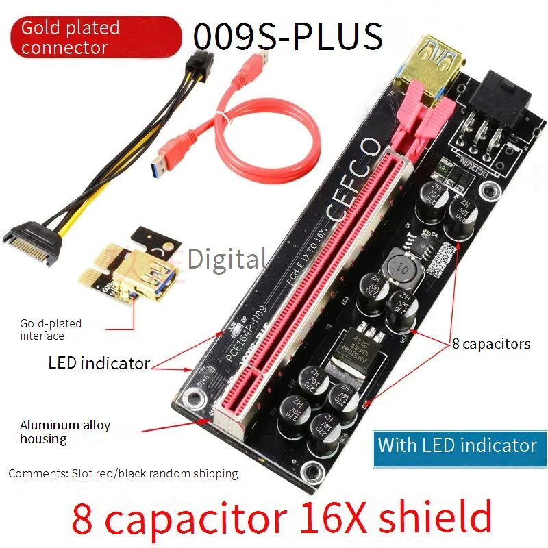 PCI-E Riser 009S 1X 16x extensor PCI E USB Riser 009S tarjeta adaptadora Dual de 6 pines SATA 15 pines para tarjeta gráfica BTC USB 3,0