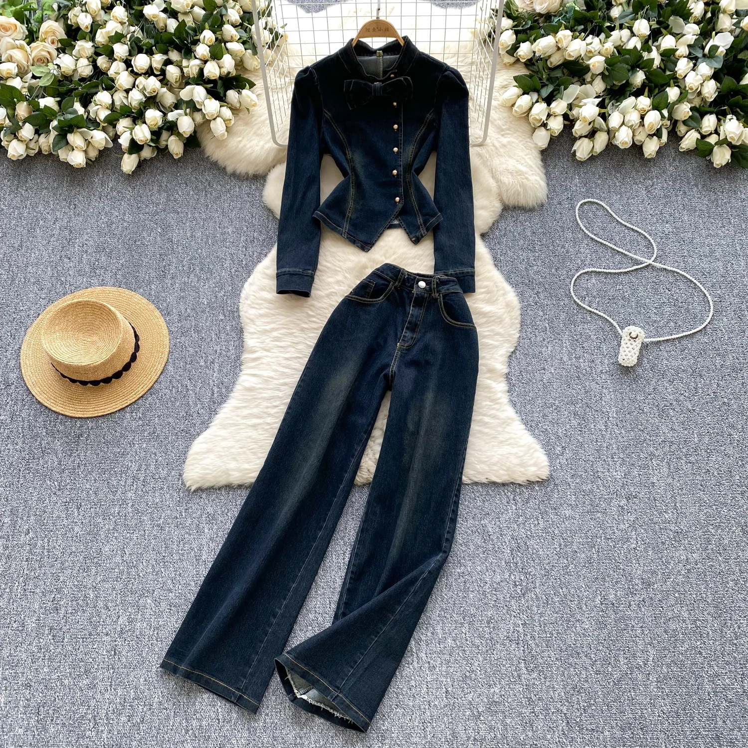 Women Chic Denim Suit Bow Single Breasted Jacket + High Waist Wide Leg Straight Pants Clothing Sets