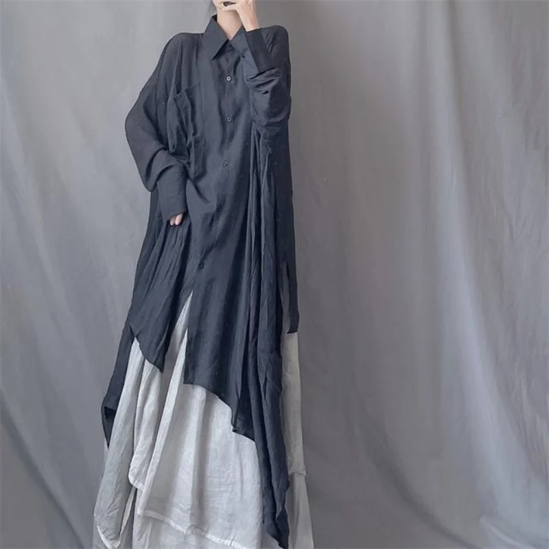Fashionable Women's Lapel Long Sleeve Irregular Dress Mid-length Sun Protection Clothes Loose Shirt Group