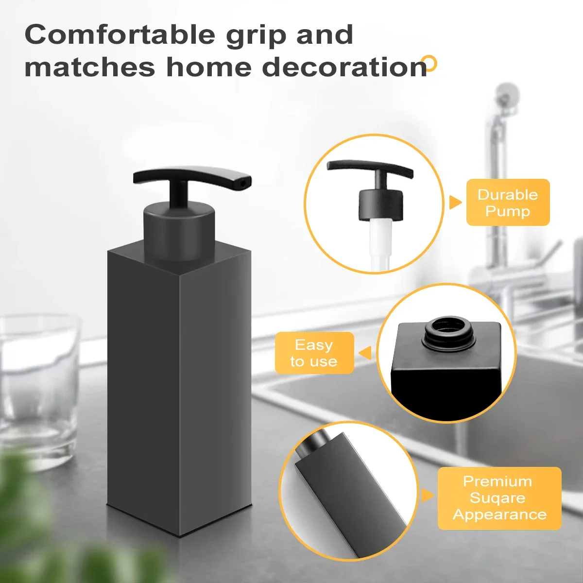 Dispenser di sapone liquido in acciaio inossidabile 304 nero opaco Dispenser di sapone liquido di design quadrato per bagno