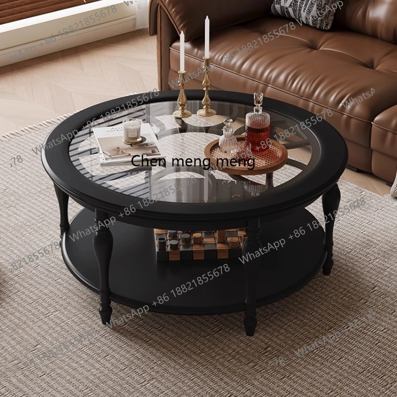

French Retro Solid Wood Round American Tea Table Black Home Glass Living Room Coffee Table Vintage Style