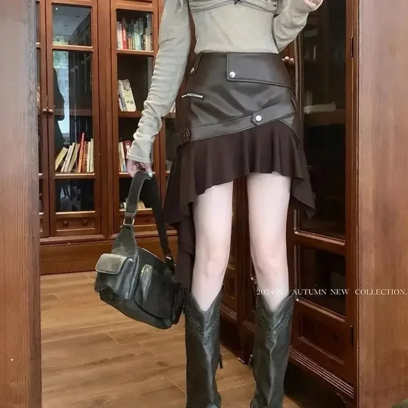 Uma linha envoltório hip mini saias jupe vintage irregular plissado vestidos de couro do plutônio y2k faldas mujer moda streetwear harajuku grunge