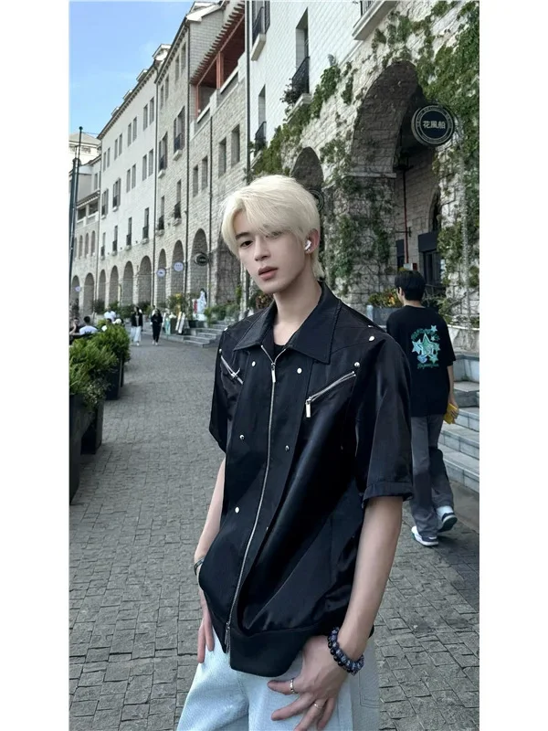 

Korean Sle ort Sve Motorcycle Jaet Men's Summer Thin Faion Zipper Casual irt Polyester Fiber Non-iron Procing