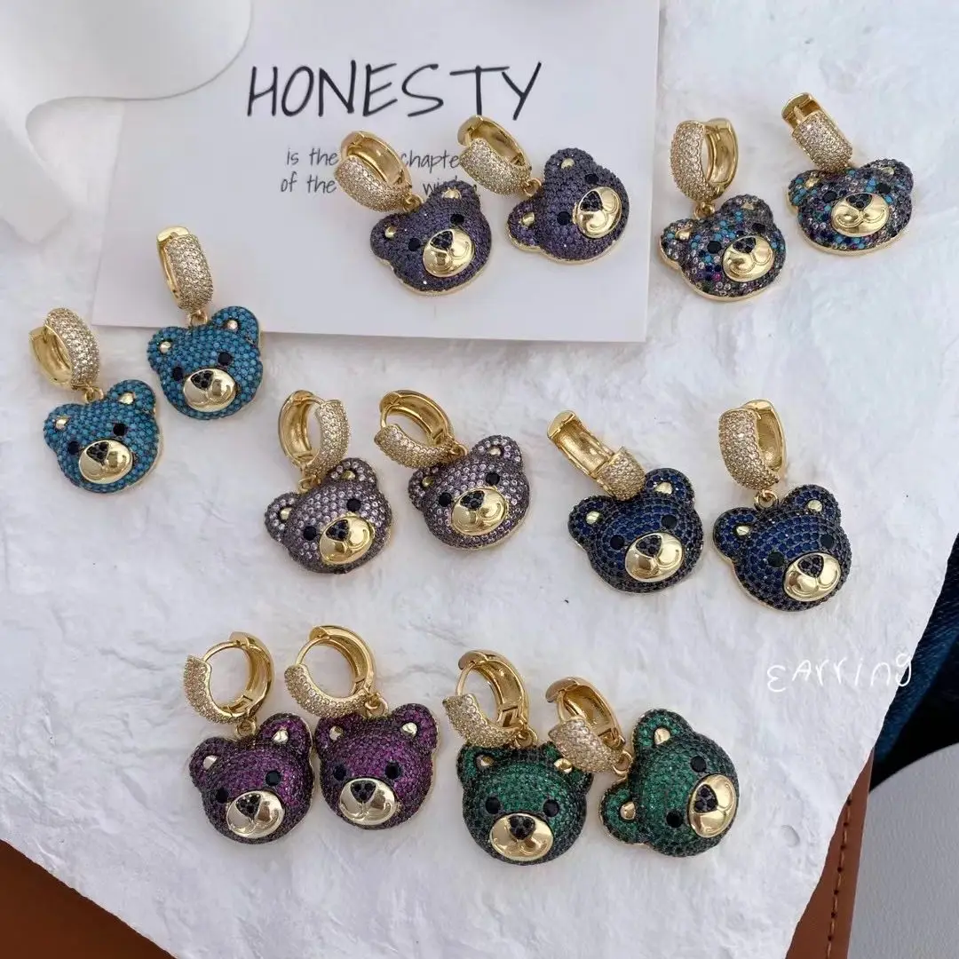 3 Pairs, Gold Plated Colorful Zircon Bear Earrings for Women Copper Zircon Hoops CZ Bear Dangle Earrings Fashion Jewelry