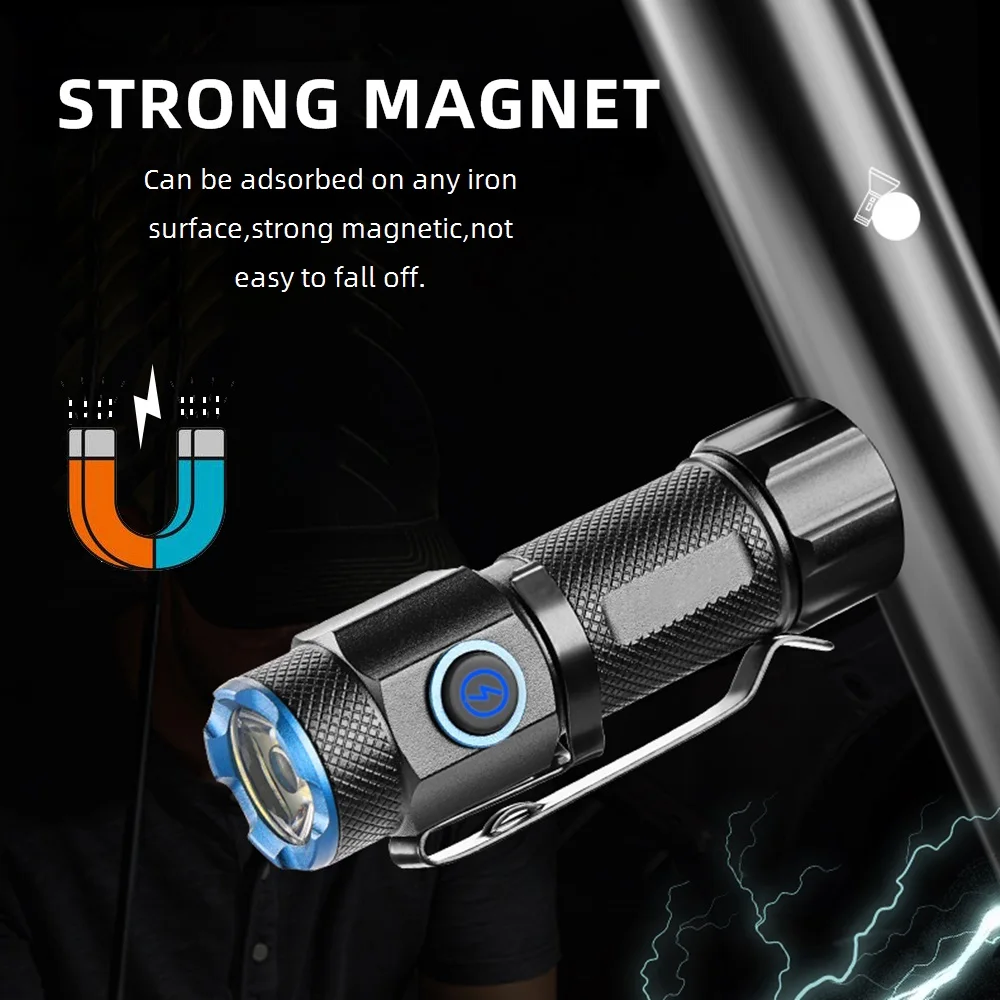 Linterna LED táctica recargable USB con imán, de bolsillo - imagen 2