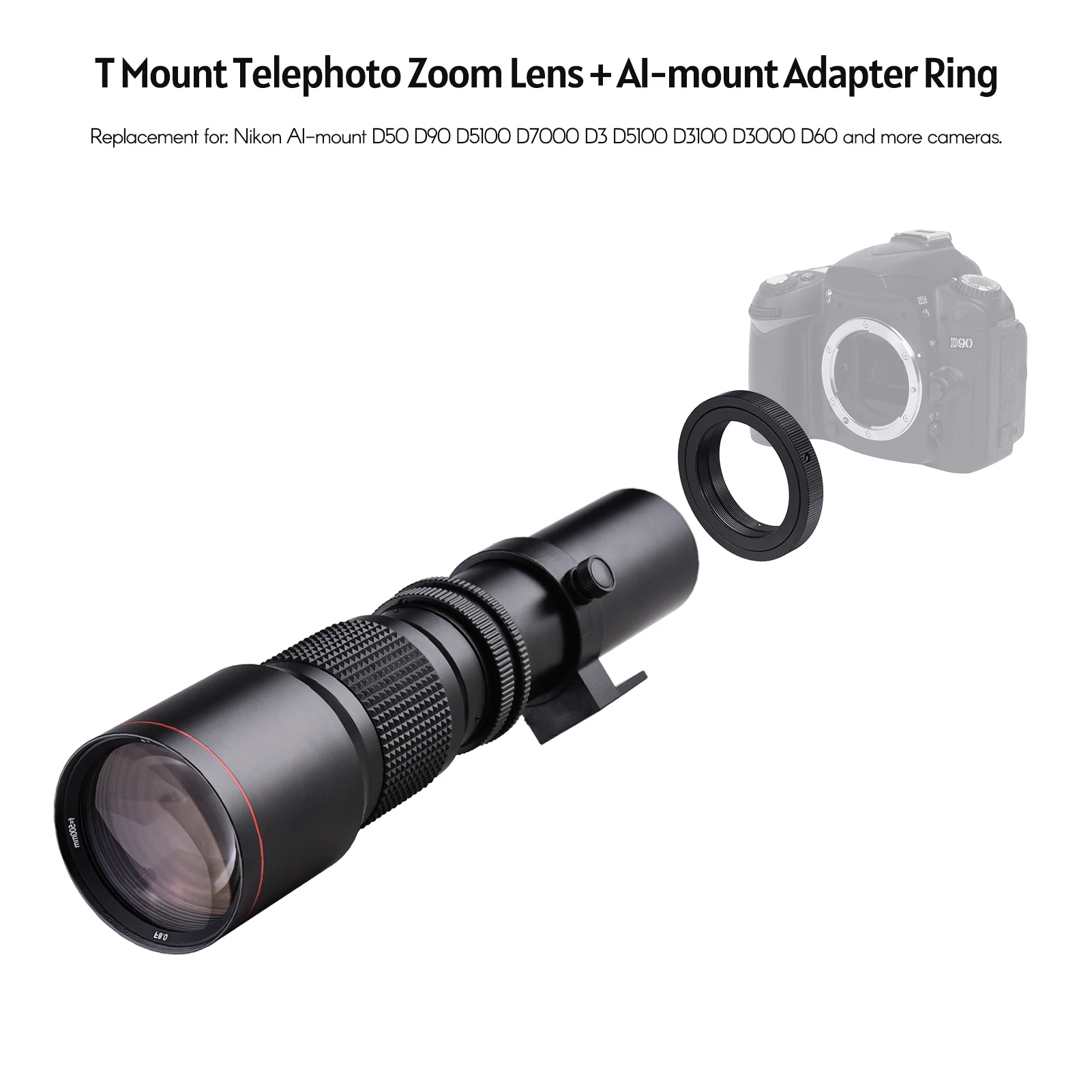 

500mm F/8.0-32 Multi Coated Super Telephoto Lens Manual Zoom + T-Mount to F-Mount Adapter Ring Kit Replacement