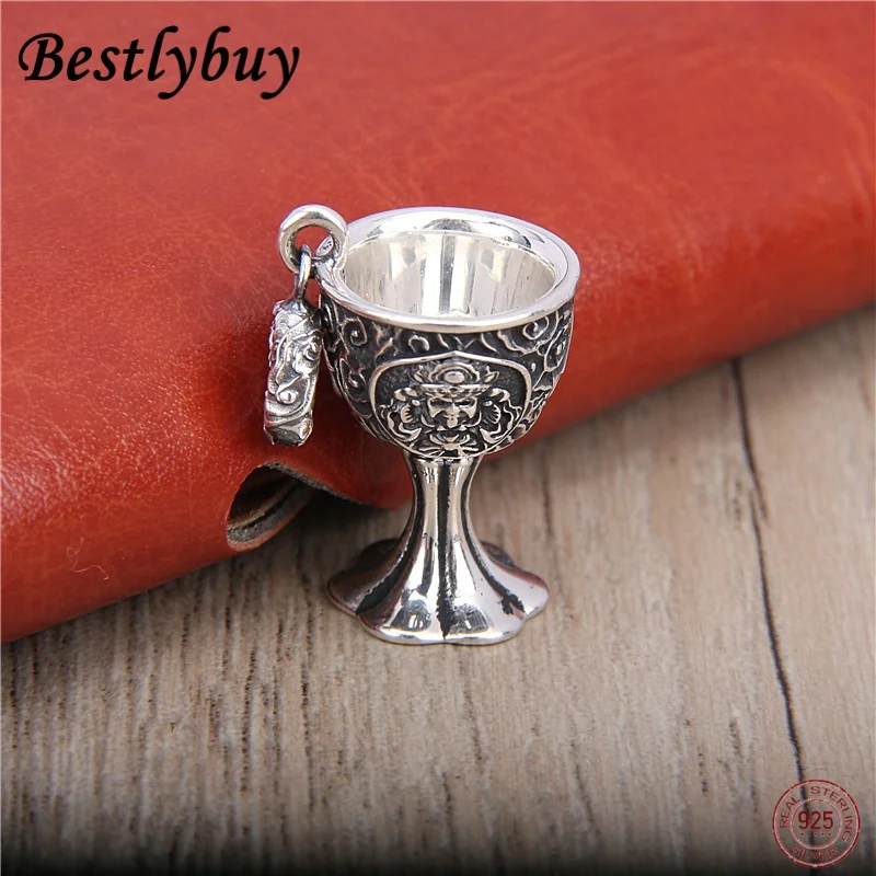 2025 New s925 Pure Silver Personalized Auspicious Cloud Pattern Cross Wine Cup Pendant for Women, Retro Creative DIY Accessories