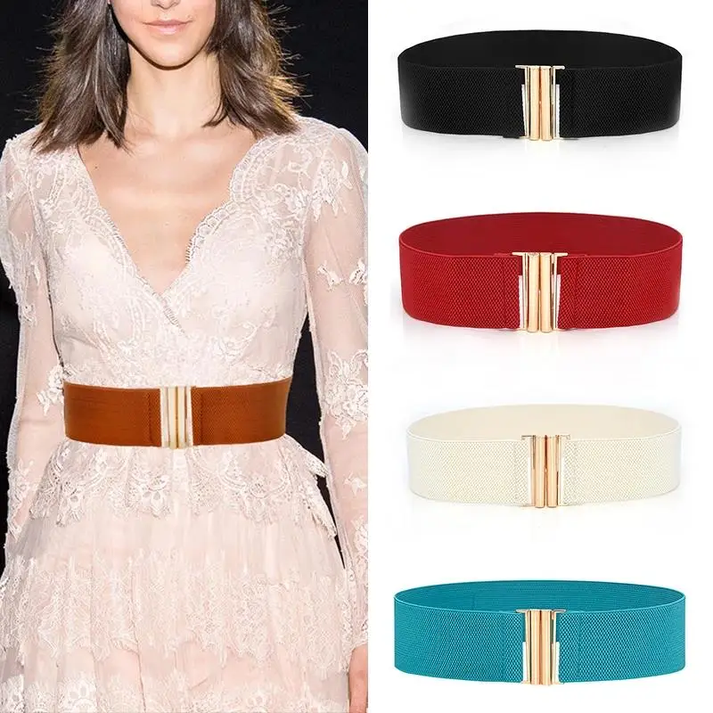 Width 6cm Elastic Belt Solid Color Corset Belt Metal Buckle Lady Fashion Cummerbands Stretch Cinch Waistband Women Waist Belt