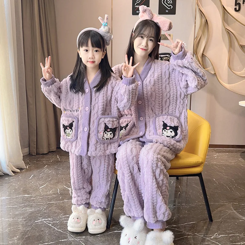 Sanrios Girl Pajamas Cartoon Cute Coral Fleece Plus Velvet Thicken Comfortable Autumn Winter Keep Warm Suit Child Lounge Clothes