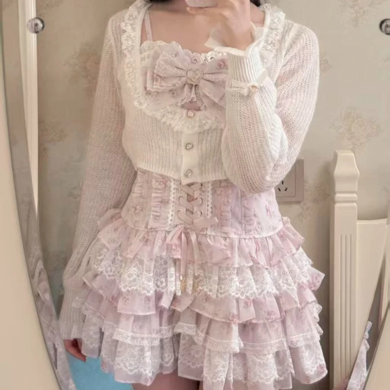 

Japanese Sweet Lolita Style Dress Set Women Kawaii Knitted Cardigan Bow Bandage Floral Mini Dresses Korean Fashion Y2k Cute Suit