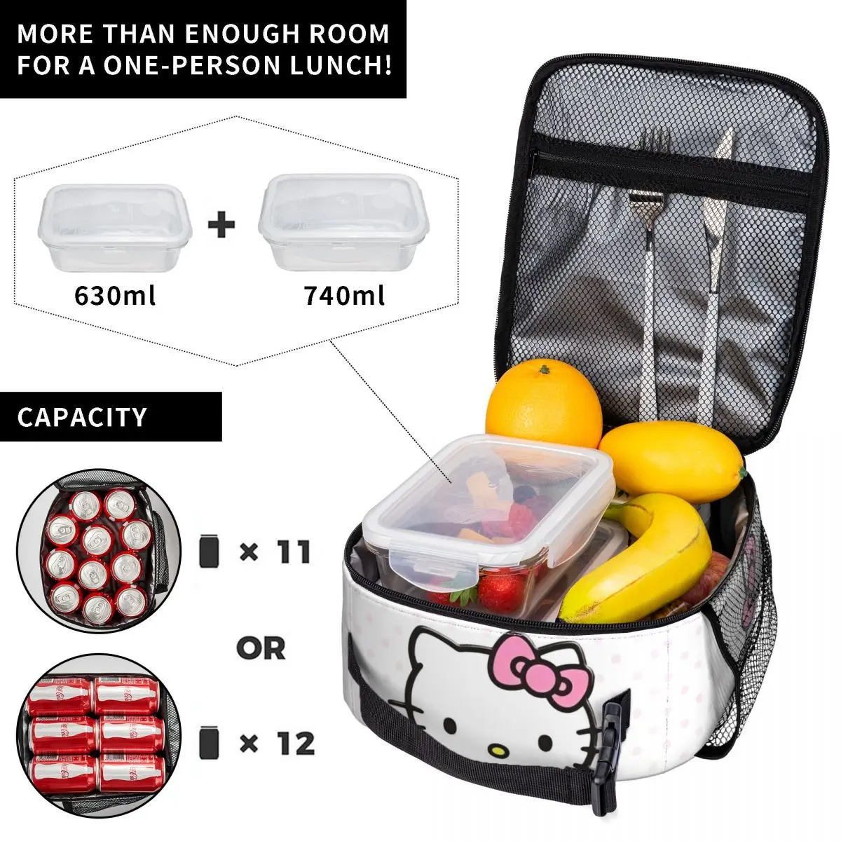 Borsa termica per il pranzo con isolamento grafico Hello Kitty Contenitore per pasti ad alta capacità Tote Lunch Box Food Bag Work Outdoor