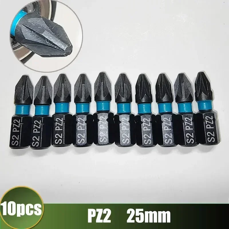 10PCs 25mm Magnet PZ1/PZ2/PZ3 S2 Alloy Steel Screwdriver Set of Bits for Drill Impact Screwdriver Hex Shanked PH1/PH2/PH3