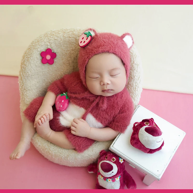 Pakaian fotografi baru lahir, topi telinga beruang lucu, Jumpsuit rajut, properti boneka pemotretan tema beruang merah muda, aksesori foto bayi