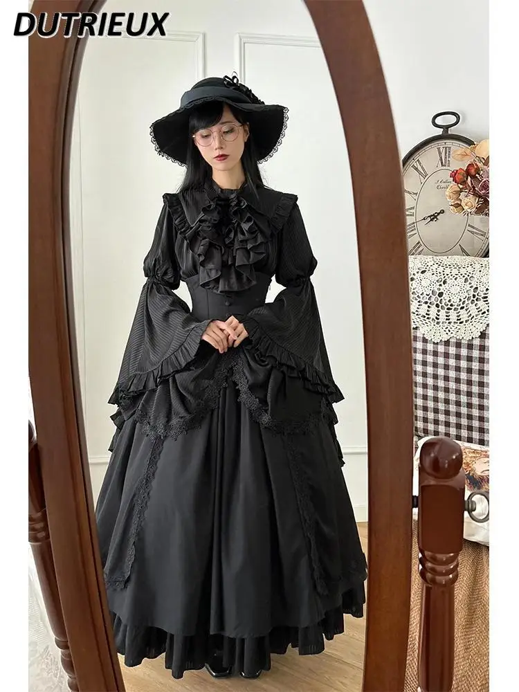 Black Gothic Japanese Style Lolita Sweet Girls Shirt and High-waisted Strap-up Long Skirt Womens Outfits Two-piece Set