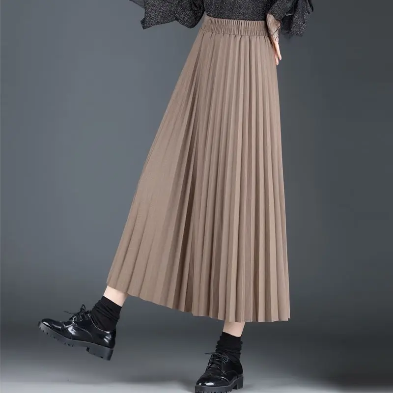 

Women Solid Color Long Skirts High Waist Loose Fit A-line Pleated Skirt Korean Fashion Elegant for Spring Autumn T83