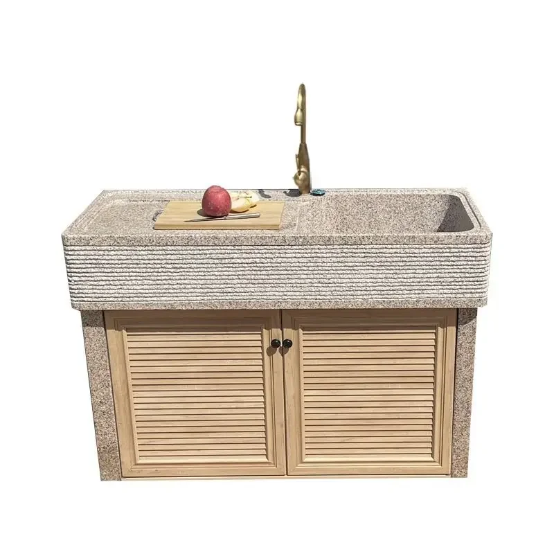 

stone, wash basin, outdoor, courtyard, integrated, laundry pool, installation, aluminum cabinet.