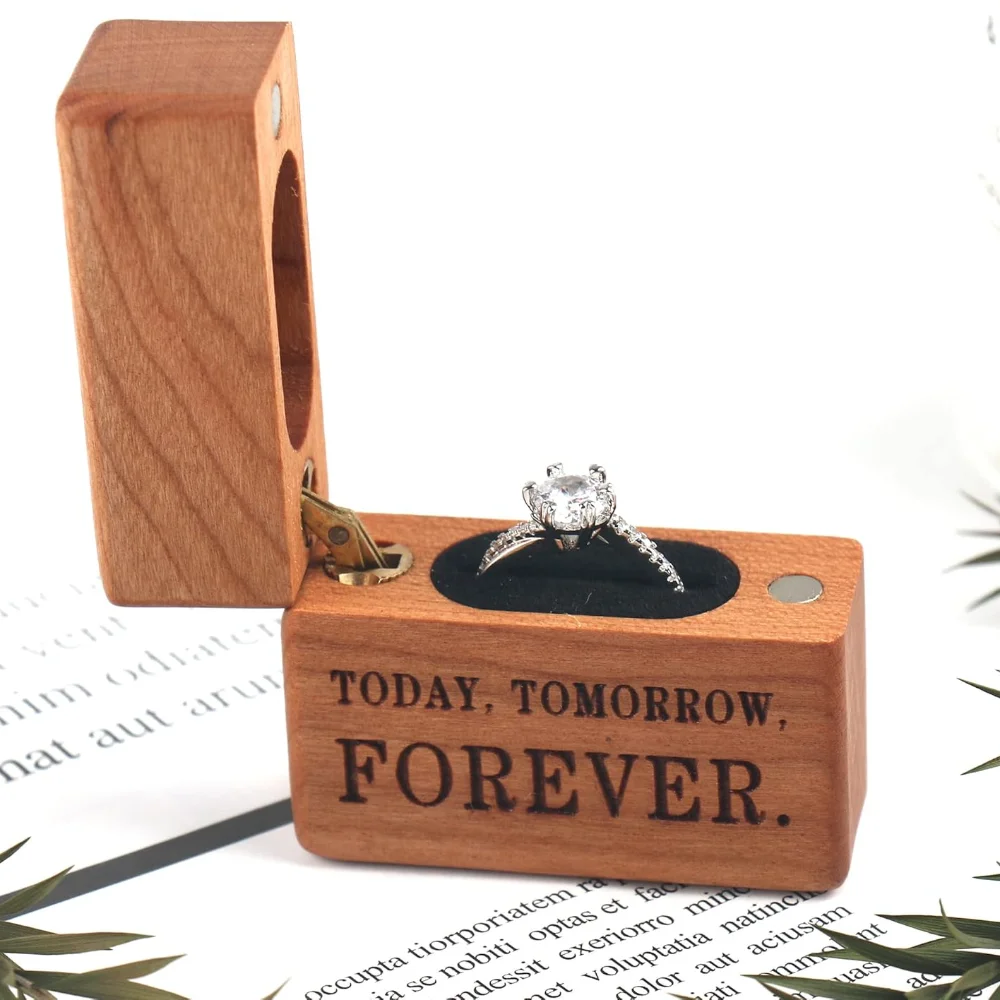 

YOYAI Wooden Ring Box Portable Case for Engagement Proposals Wedding Ceremony Jewelry Display Cherry