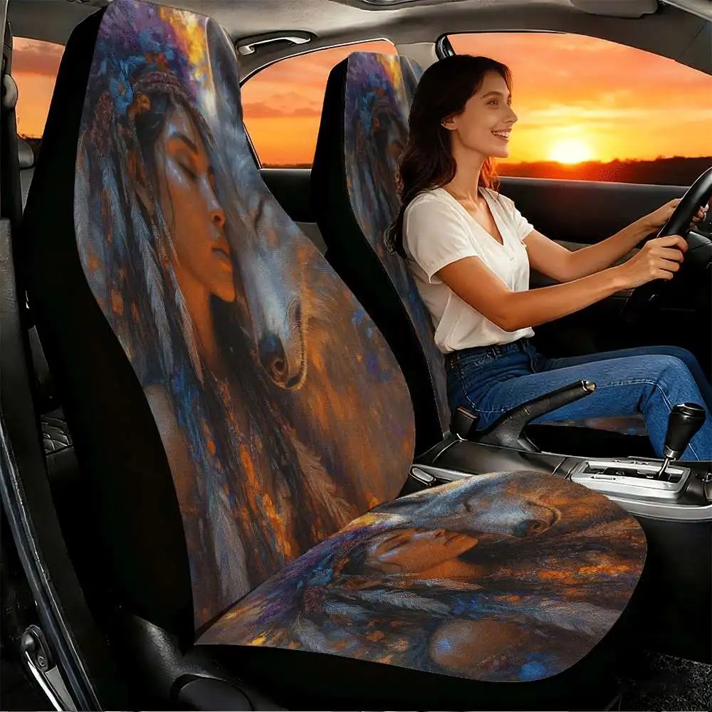 2pcs Native Feather Wolf Car Seat Covers Suitable For Front Seats, High Back Design, Material, Suitable For Cars, SUVs And Truck
