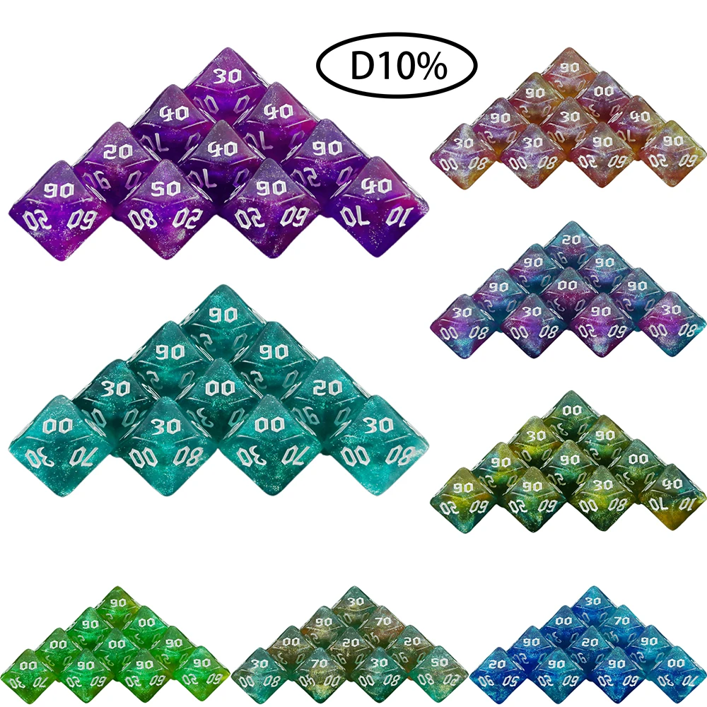 Polyhedral D10(00-90) Dice 10pcs 10 Sided Double Color with Glitter Dice for Role Playing Game D&D Boardgame Dice Set