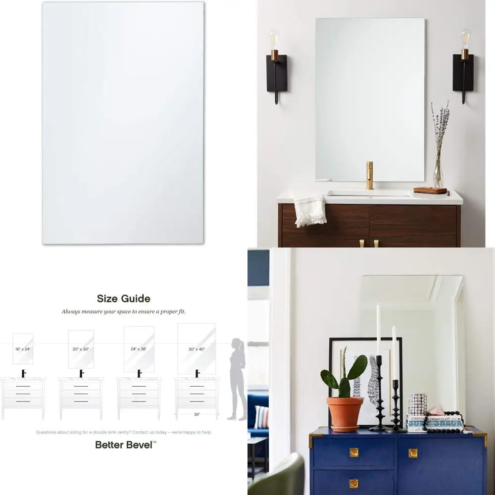 

Frameless Rectangle Bathroom Wall Mirror, 24x36 with Polished Edges, Pencil Polished Finish for Modern Interiors