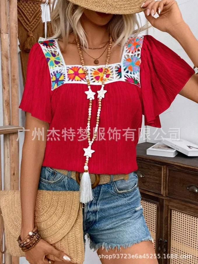

2025 Summer Women Embroidery T-Shirt Short Sleeve Square Collar Crops Tops Clothing Lace Short-Sleeve Streeteear Loose Tops