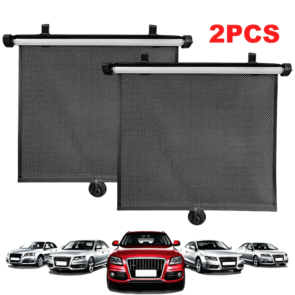 2Pcs Car Retractable Sunshade Curtain Press Button Roll Up Telescopic Sunshade Blocking Mesh Heat Insulation Glass Shade