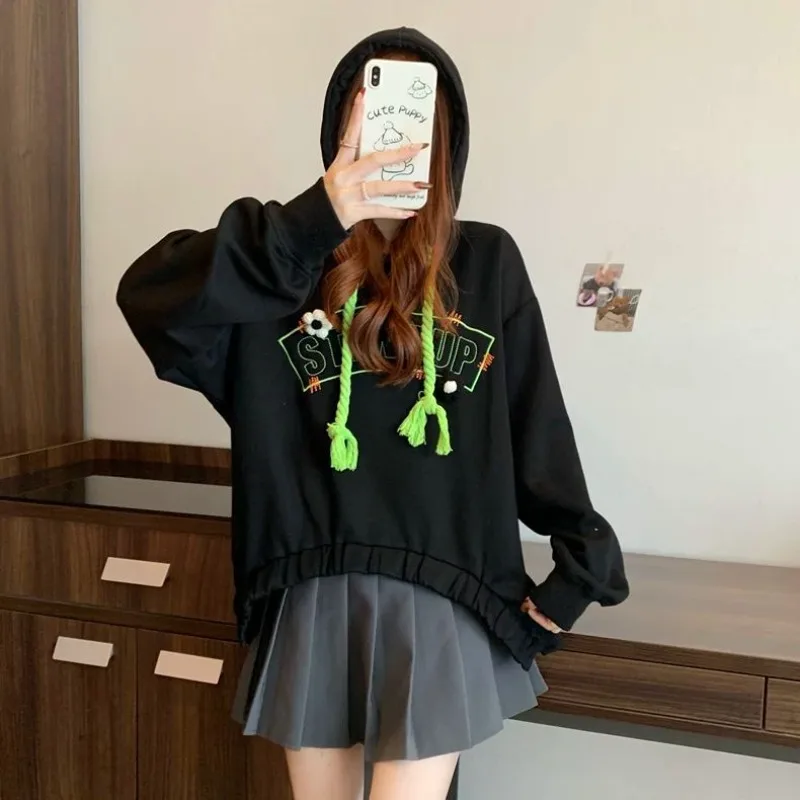 봄과 가을 루즈핏 긴팔 여성 후드티 스웨트셔츠 한국 스트릿웨어 Y2K 빈티지 90년대 케이팝 여성 후드탑