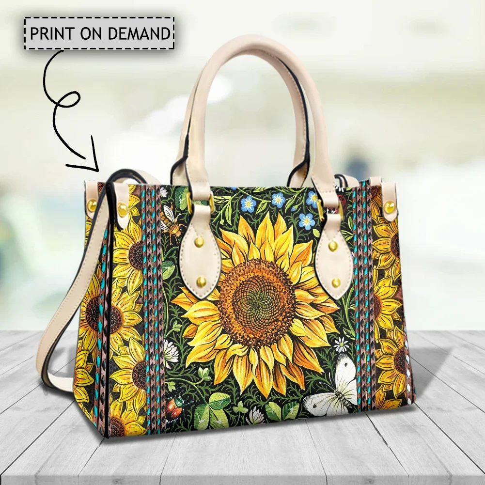 

Thanksgiving Gift Custom Tote Bags for Women Ladies Sunflower Pattern New Stylish Leather Shoulder Bag Female Flowers Clutch Hot