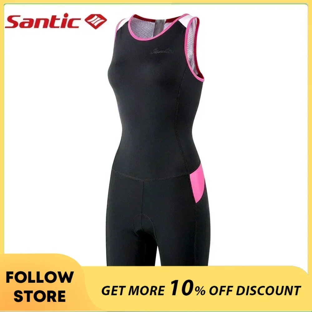 Santic Women's Cycling Triathlon Suit Tri-Suit with Padded One-Piece Sleeveless Swimsuit Quick-Dry Back Zipper Asian Size