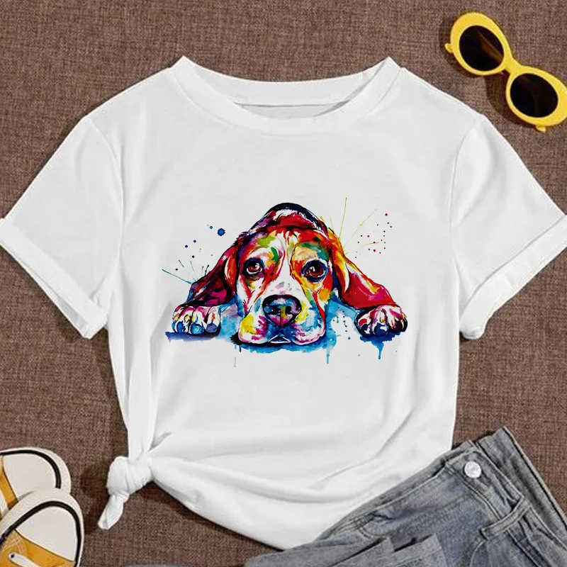 Dog T Shirt European and American Trend Painted Dog Print Short Sleeve T-shirt Women's Summer Modal Dress Half Sleeve Tops