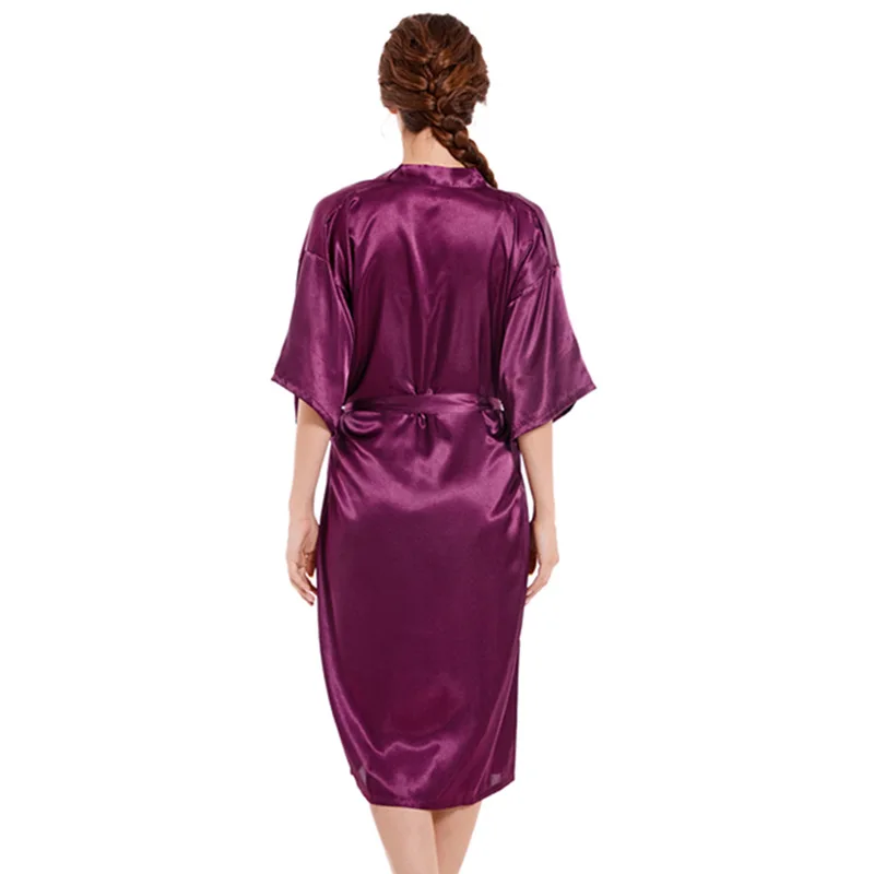 Cross-Border Solid Color Glossy Nightgown Bathrobe for Women Spring and Autumn Mid-Length Satin Cardigan Bride and Bridesmaid Mo