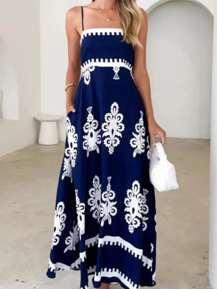 Summer New Spaghetti Strap Print Dress Fashion Elegant Casual Strapless Sleeveless Beach Party Dresses For Women Robe Femme