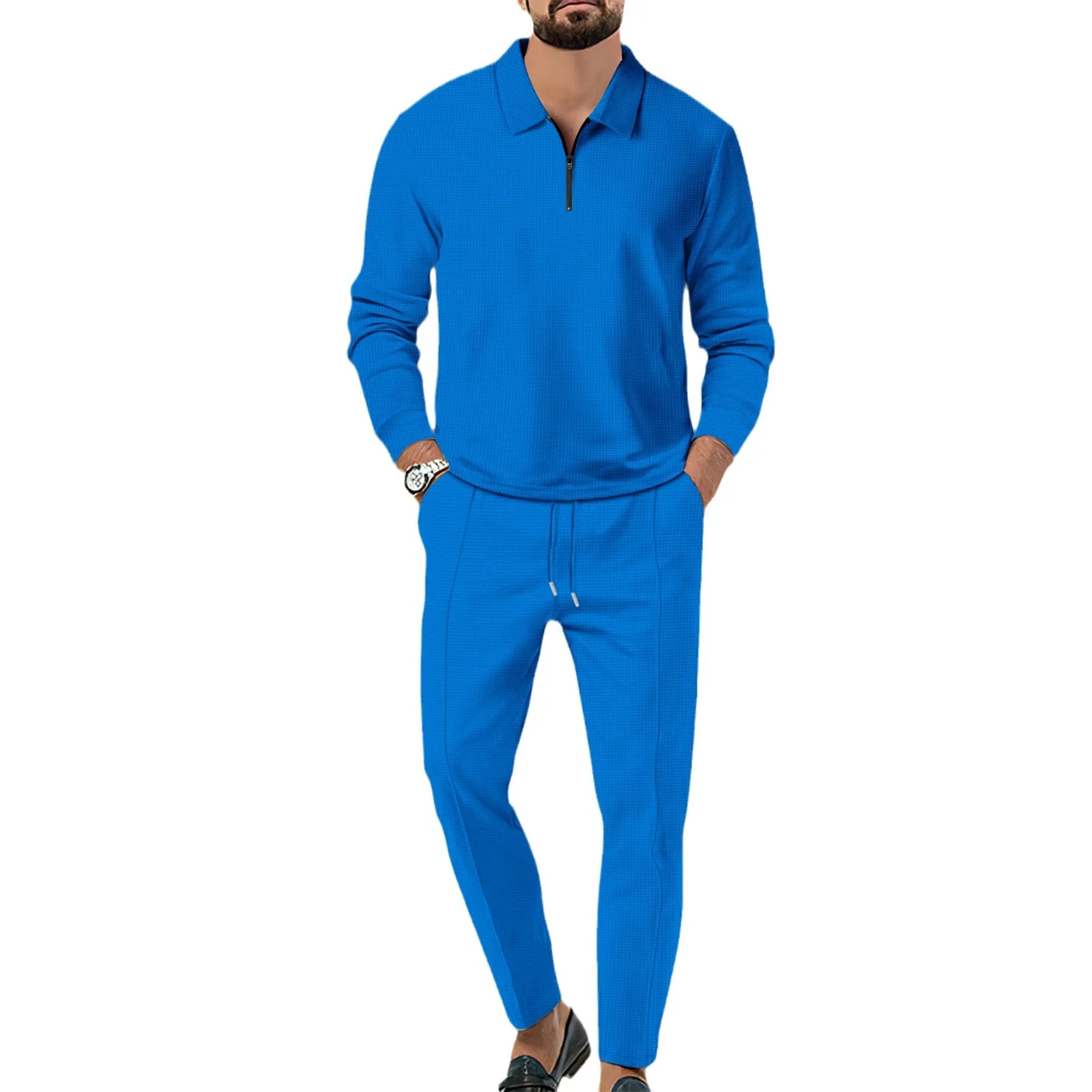 

(Euro code) Men's New Waffle Solid Color Zipper Long Sleeved Polo Pants Two-Piece Set