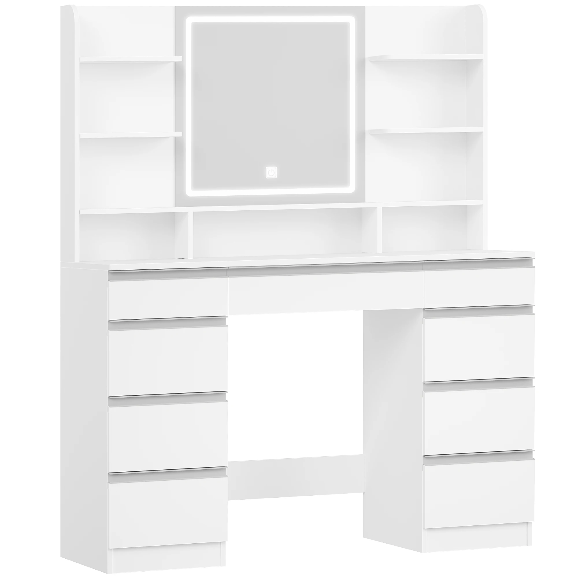 Grote kaptafel met LED-verlichting, 3 kleuren, helderheidsregeling, kaptafel met spiegel, 9 laden, 9 open planken