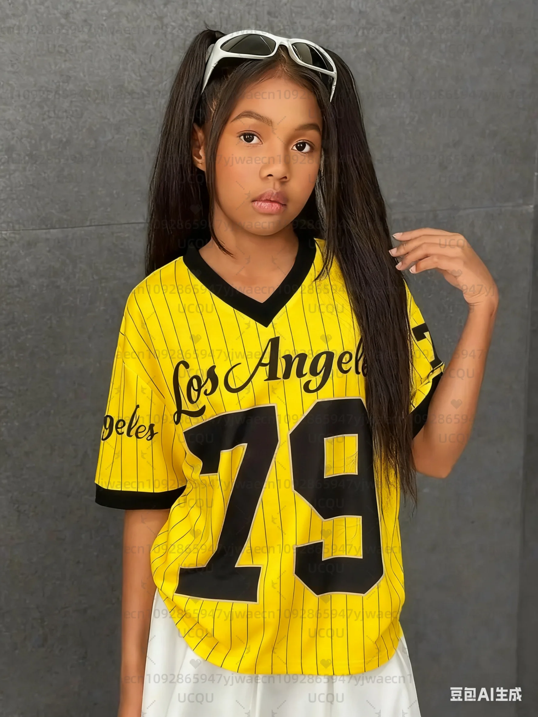 Girls Casual Sports Style Los Angeles NO.79 Print Short Sleeve V-Neck Women's Children Men's T-shirt Tops