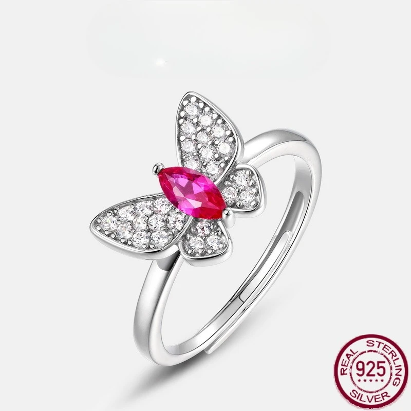 

New S925 sterling silver classic butterfly red gemstone set with cultivated colorful gemstone finger ring wedding jewelry
