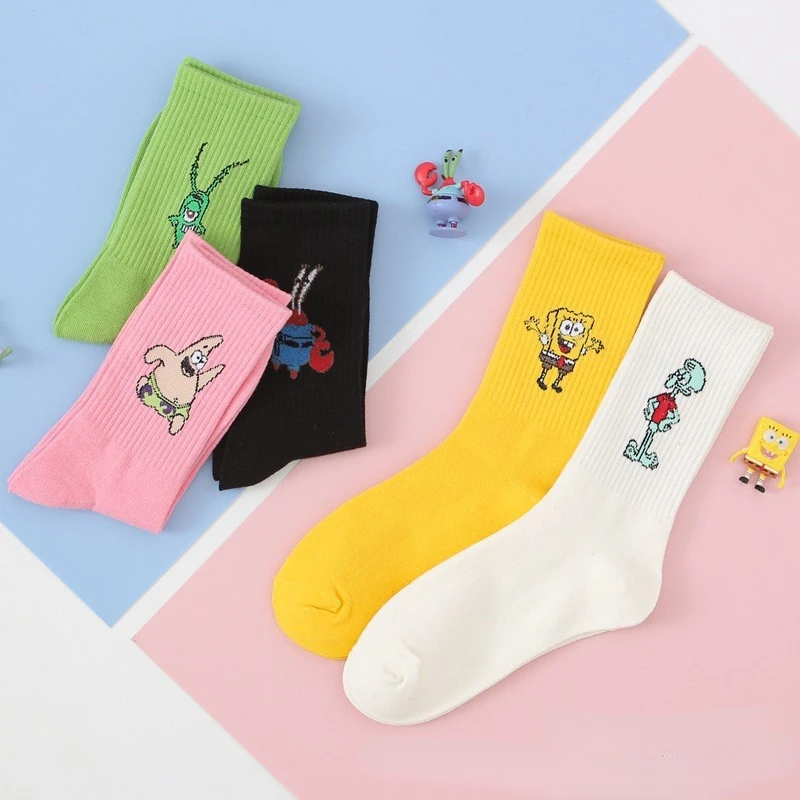 SpongeBob Socks Cotton Fashion Cartoon Mid-calf Socks Anime Cute Women Girls Breathable Skateboarding Casual Sports Socks Gifts