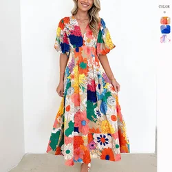 Women's Summer Flowers Dress Fashion Floral Print Lantern Sleeves A-line Long Dresses V-neck Temperament Elegant Ladies Vestidos