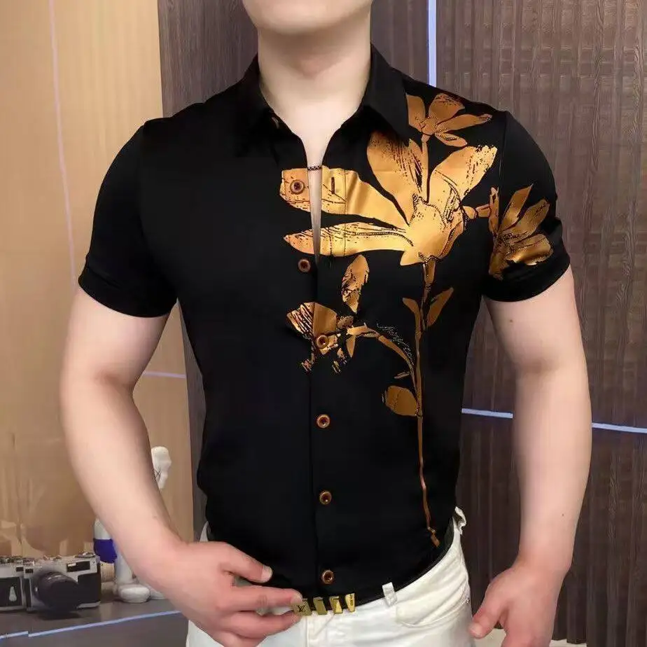 

British Style Men's Shirt Summer Short Sleeved Printed Slim Casual Shirts Handsome Ice Silk Business Social Men's Clothing M-5XL