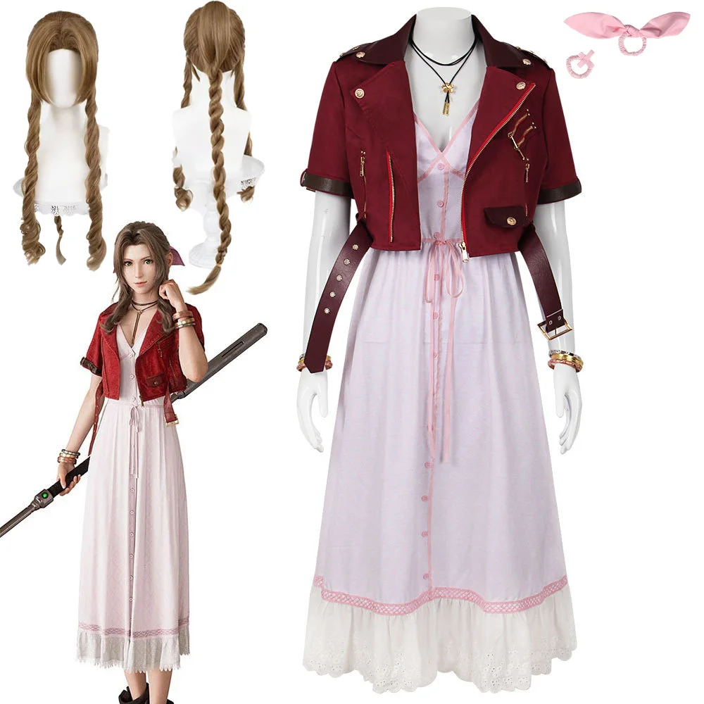 Fantasy VII Cosplay Game FF7 Aerith Gainsborough Cosplay-Kostüm, Aerith-Mantel und Kleid, komplettes Set, Halloween-Party-Outfits
