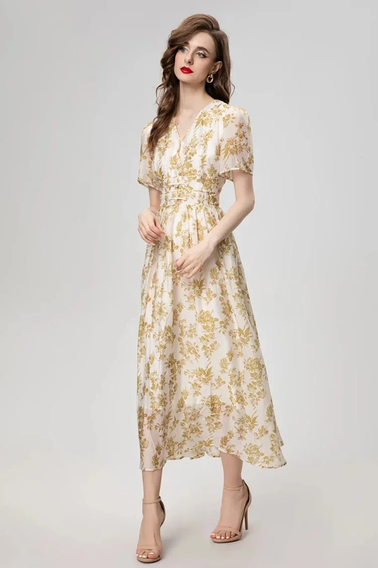 

2024 Summer High Quality Women Dress Bohemian Elegant Floral Print Disc Buckle Tunic Chiffon Temperament Dresses