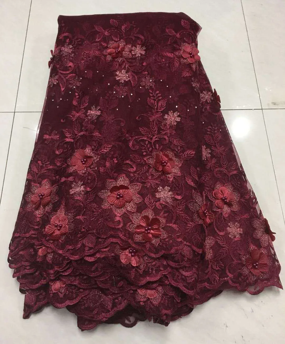 

African Beaded Lace Fabric 2019 High Quality Lace Material Wine French Lace Fabric Nigerian Tulle Mesh Lace Fabrics ZA35-8