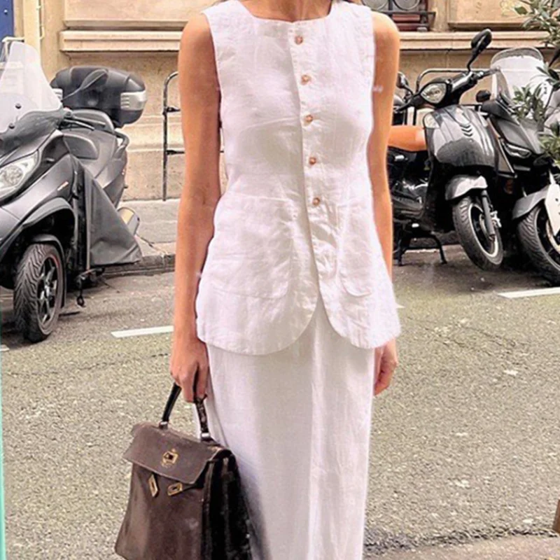 Chic Cotton Linen Long Skirt Set Women 2024 Summer Sleeveless Single Breasted Vest Top Back Split Maxi Skirts Lady 2 Piece Suits