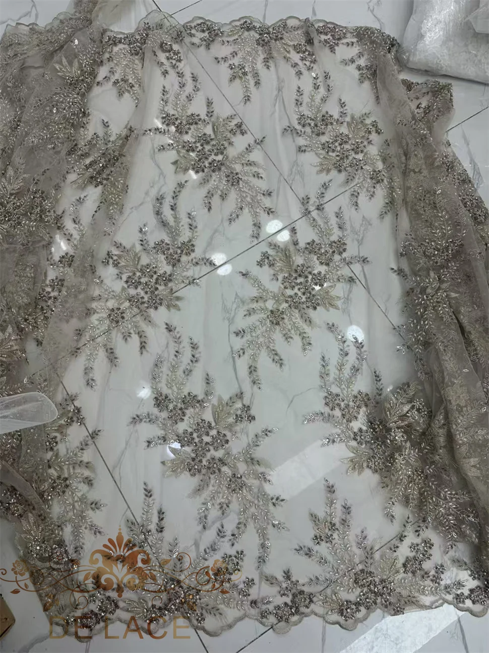 

MY Luxury Heavy Beaded Champagne Tulle Lace Embroidery With Shiny Sequins French Beaded Fabric for Wedding Dress