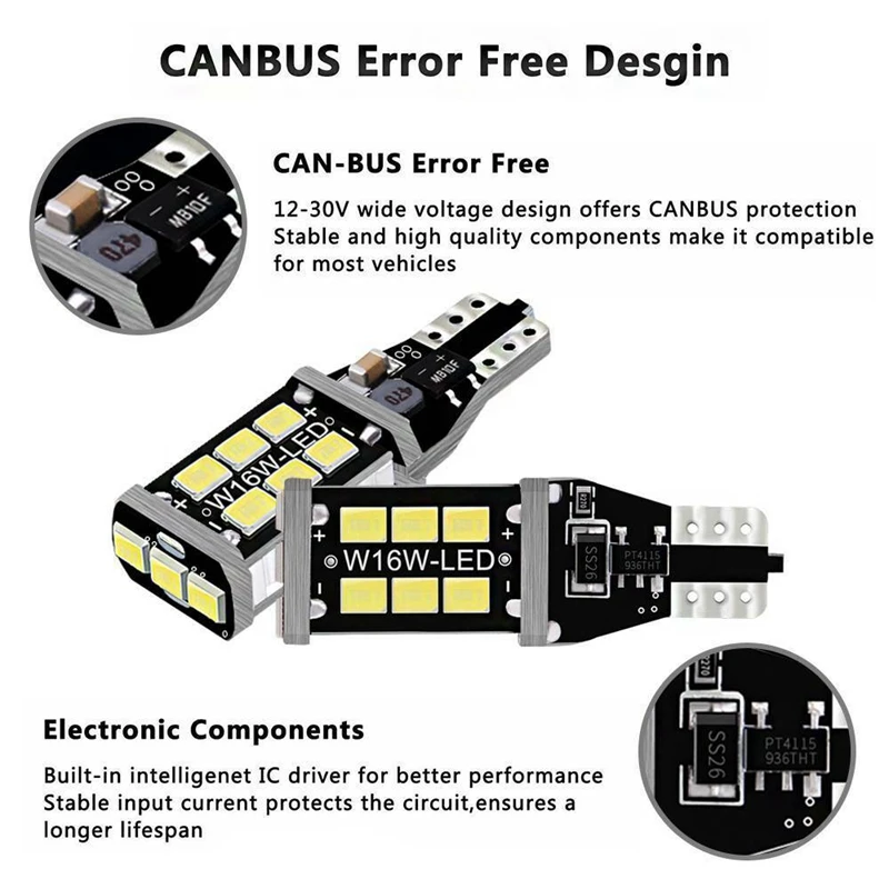 4 szt. Jasna biała żarówka LED Canbus do samochodowych świateł cofania 912 921 T15 W16W