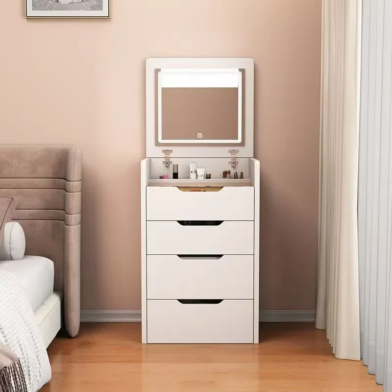 Narrow Dressing Table with LED Light Mirror Clamshell Vanity with 4 Storage Drawers Small Bedroom Makeup Desk