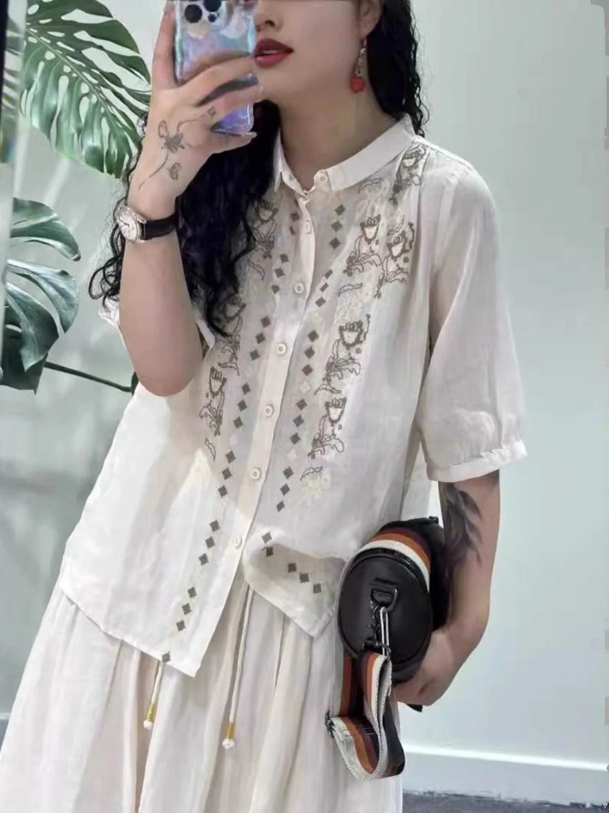 Camisa de Linho Bordada Retro, Ajuste Solto, Colarinho, Moda Feminina, Novo Top de Verão de Alta Qualidade em Algodão