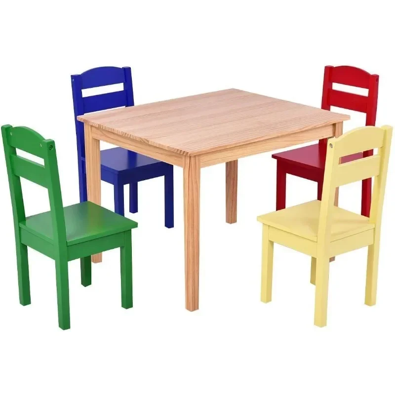 Kids Table and Chair Set, 5 Piece Wood Activity Table & Chairs for Children Arts,Crafts,Homework,Snack Time,Preschool Furniture