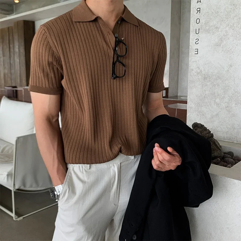 2024 spring summer casual ribbed polo shirts mens solid color slim short sleeve lapel tops fashion clothing men buttoned polos